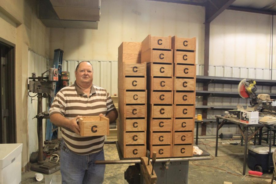 Mr.Mitchell and his newly built grain boxes. 