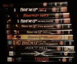Friday the 13th movie cases lined up.