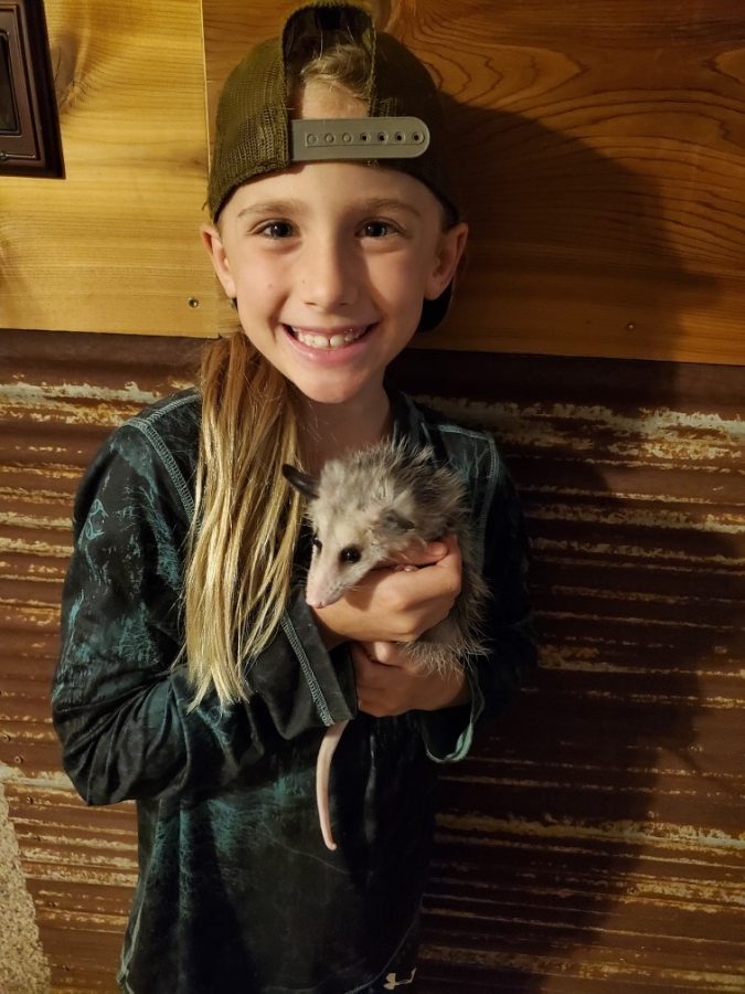 Elementary student Denny Miller shows off her pet opossum. 